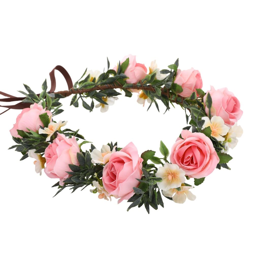3372 Pink Flower Crown Headband - Rose Floral Headpiece Adjustable Fairy